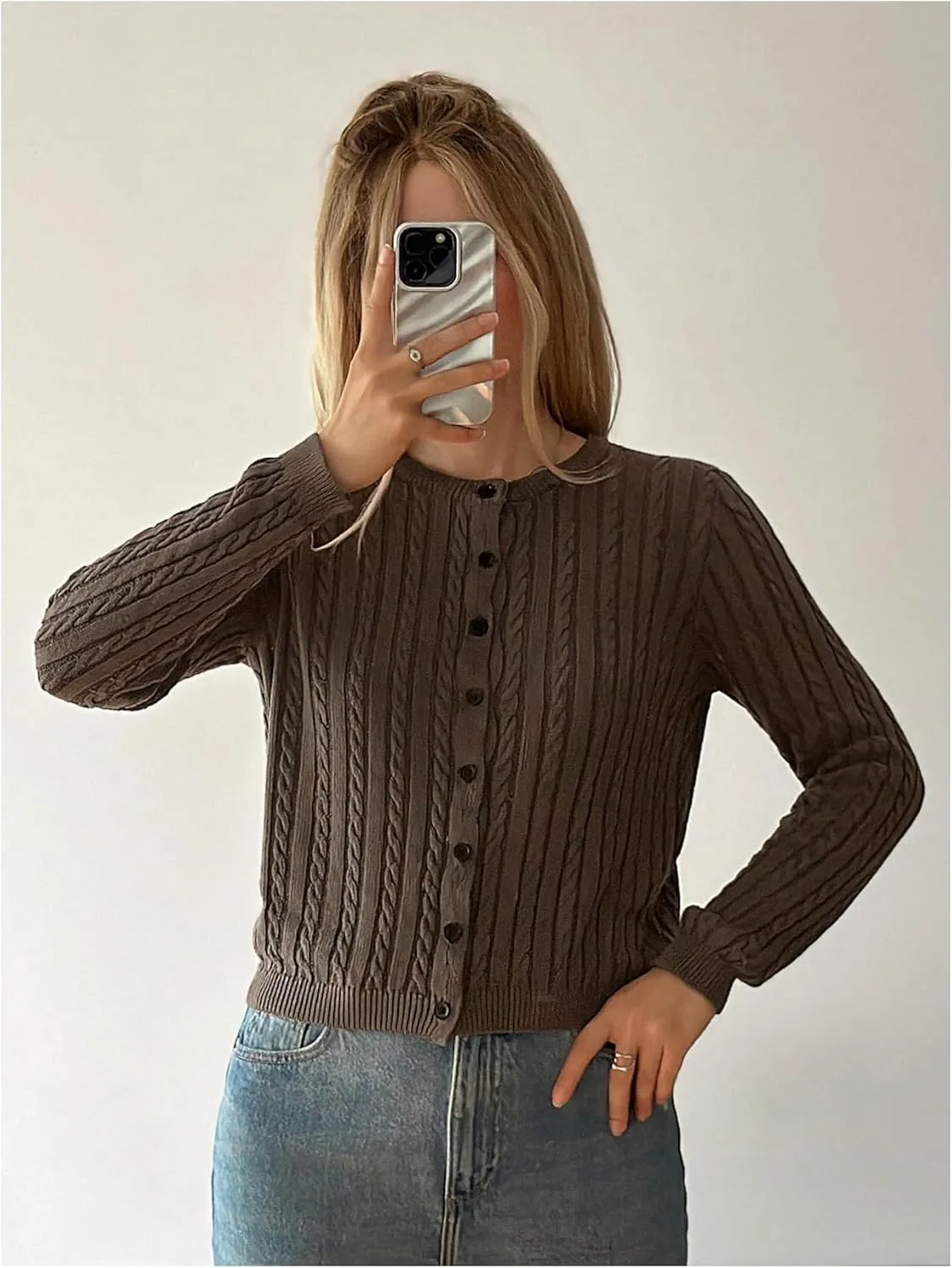 WDIRARA Women's Crewneck Cable Knit Cardigan Sweater Crop Button Down Long Sleeve Knitwear
