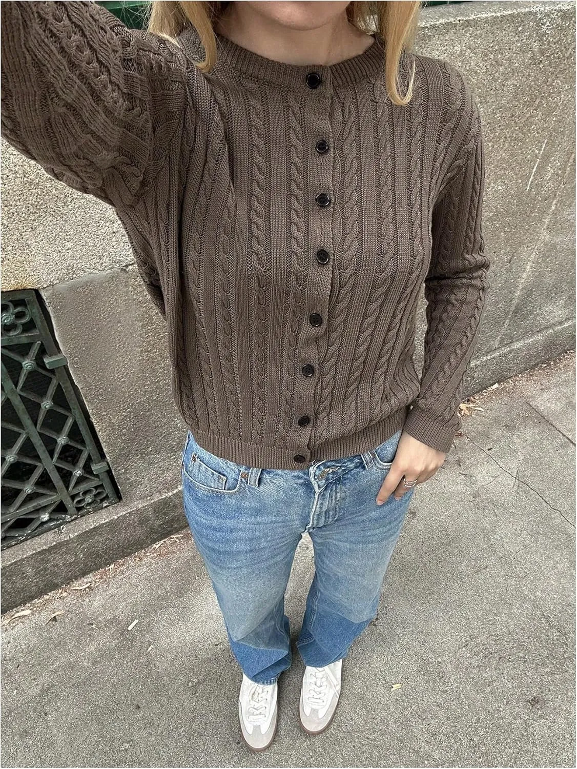 WDIRARA Women's Crewneck Cable Knit Cardigan Sweater Crop Button Down Long Sleeve Knitwear