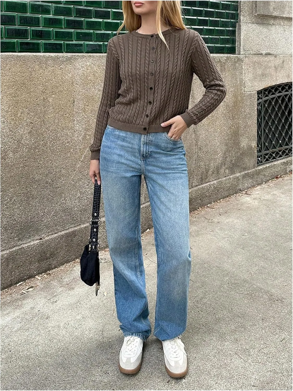 WDIRARA Women's Crewneck Cable Knit Cardigan Sweater Crop Button Down Long Sleeve Knitwear