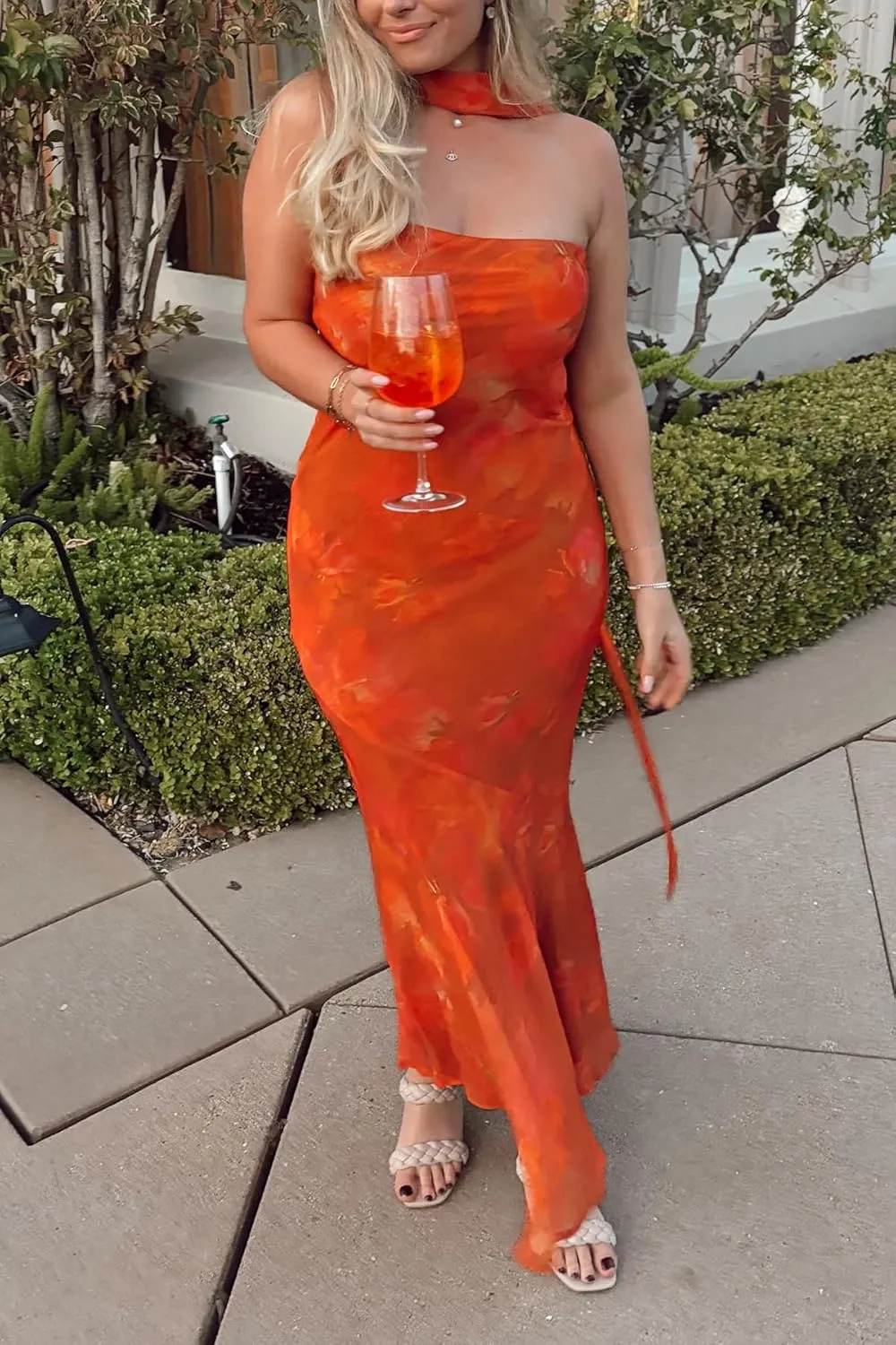 Women Floral Tube Maxi Dress Strapless Ruffle Hem Long Bodycon Vacation Summer Halter Dress with Scarf