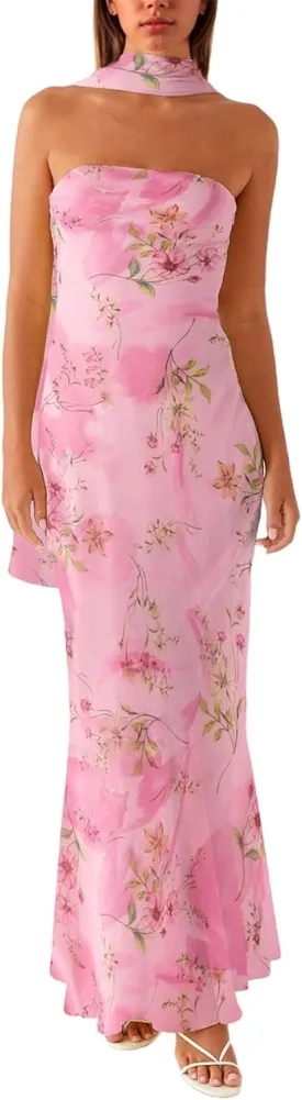 Women Floral Tube Maxi Dress Strapless Ruffle Hem Long Bodycon Vacation Summer Halter Dress with Scarf