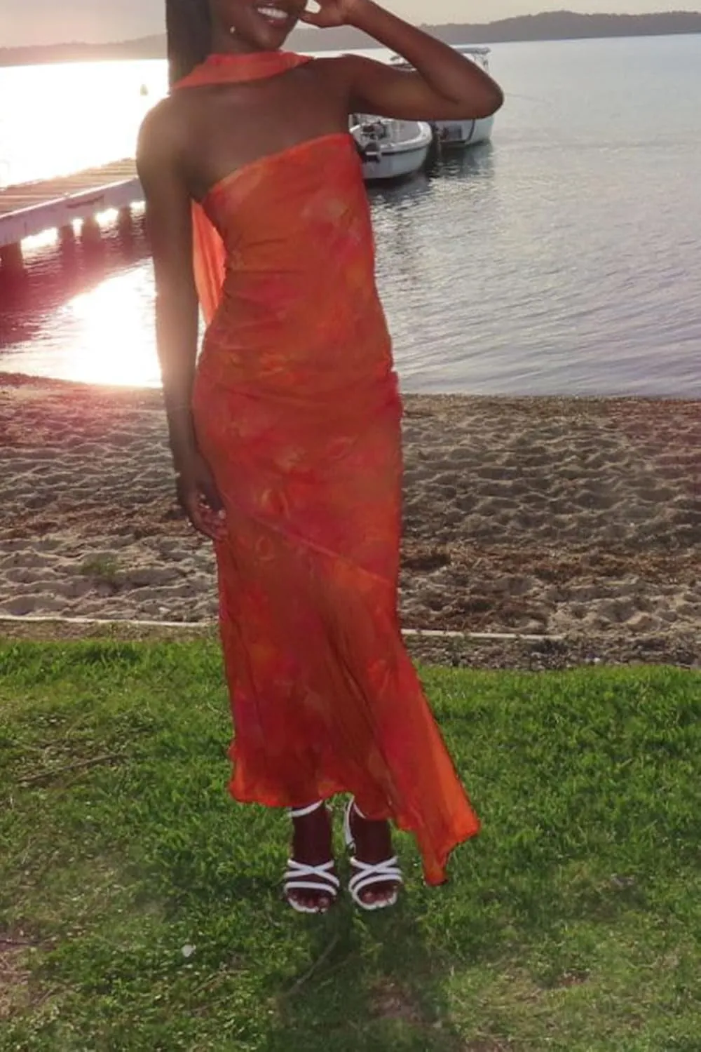Women Floral Tube Maxi Dress Strapless Ruffle Hem Long Bodycon Vacation Summer Halter Dress with Scarf