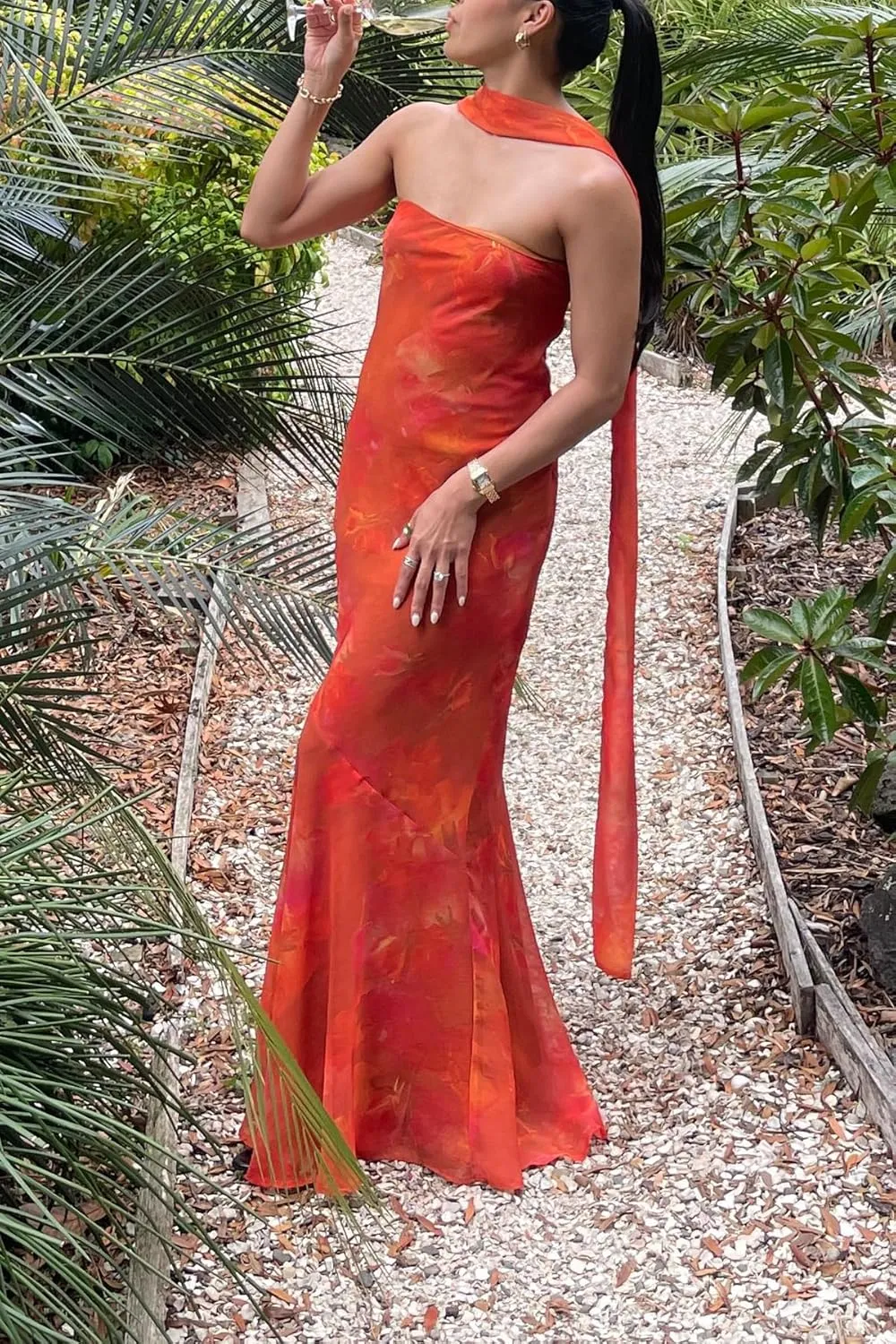 Women Floral Tube Maxi Dress Strapless Ruffle Hem Long Bodycon Vacation Summer Halter Dress with Scarf