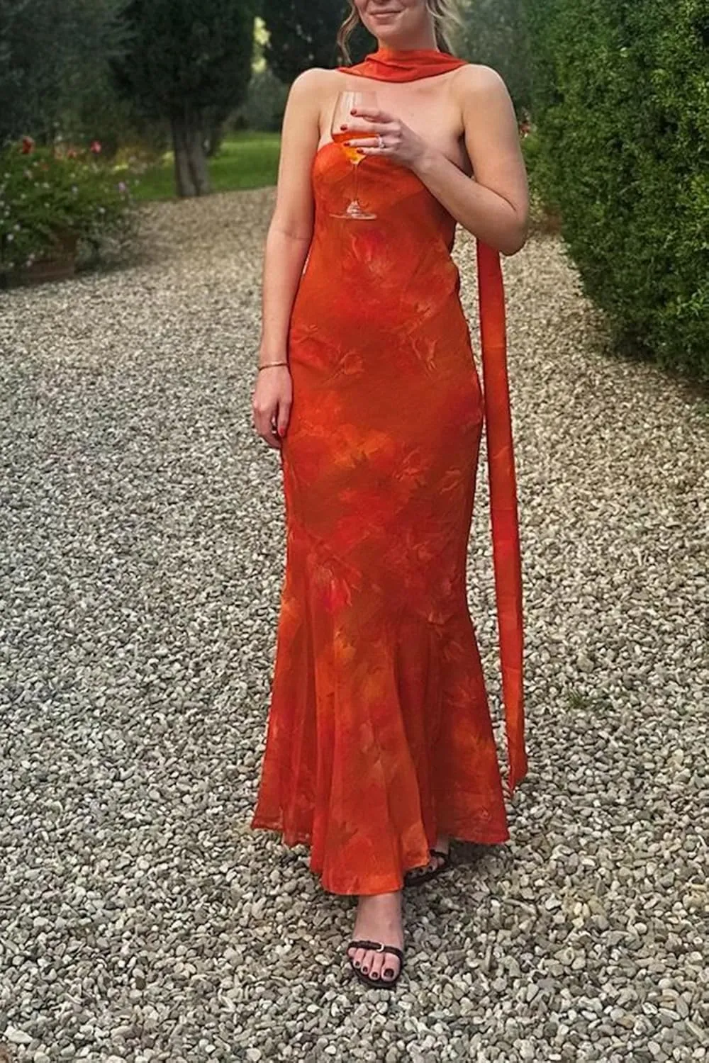 Women Floral Tube Maxi Dress Strapless Ruffle Hem Long Bodycon Vacation Summer Halter Dress with Scarf