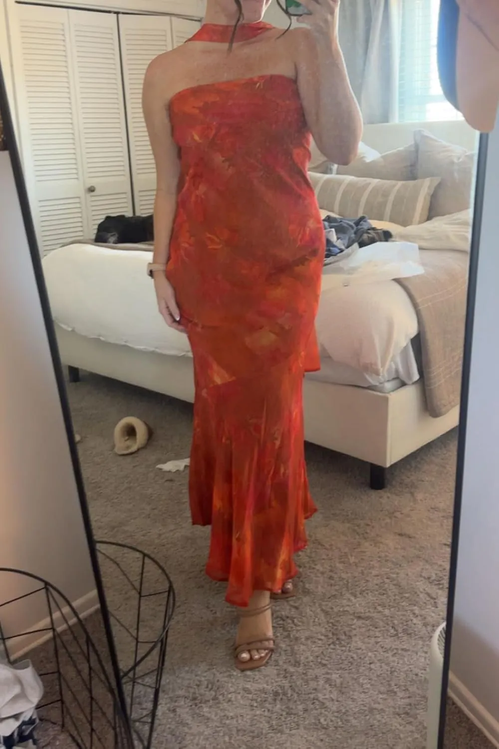 Women Floral Tube Maxi Dress Strapless Ruffle Hem Long Bodycon Vacation Summer Halter Dress with Scarf