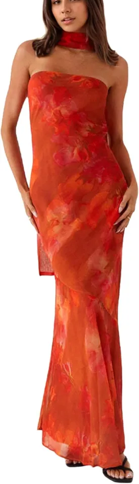 Women Floral Tube Maxi Dress Strapless Ruffle Hem Long Bodycon Vacation Summer Halter Dress with Scarf