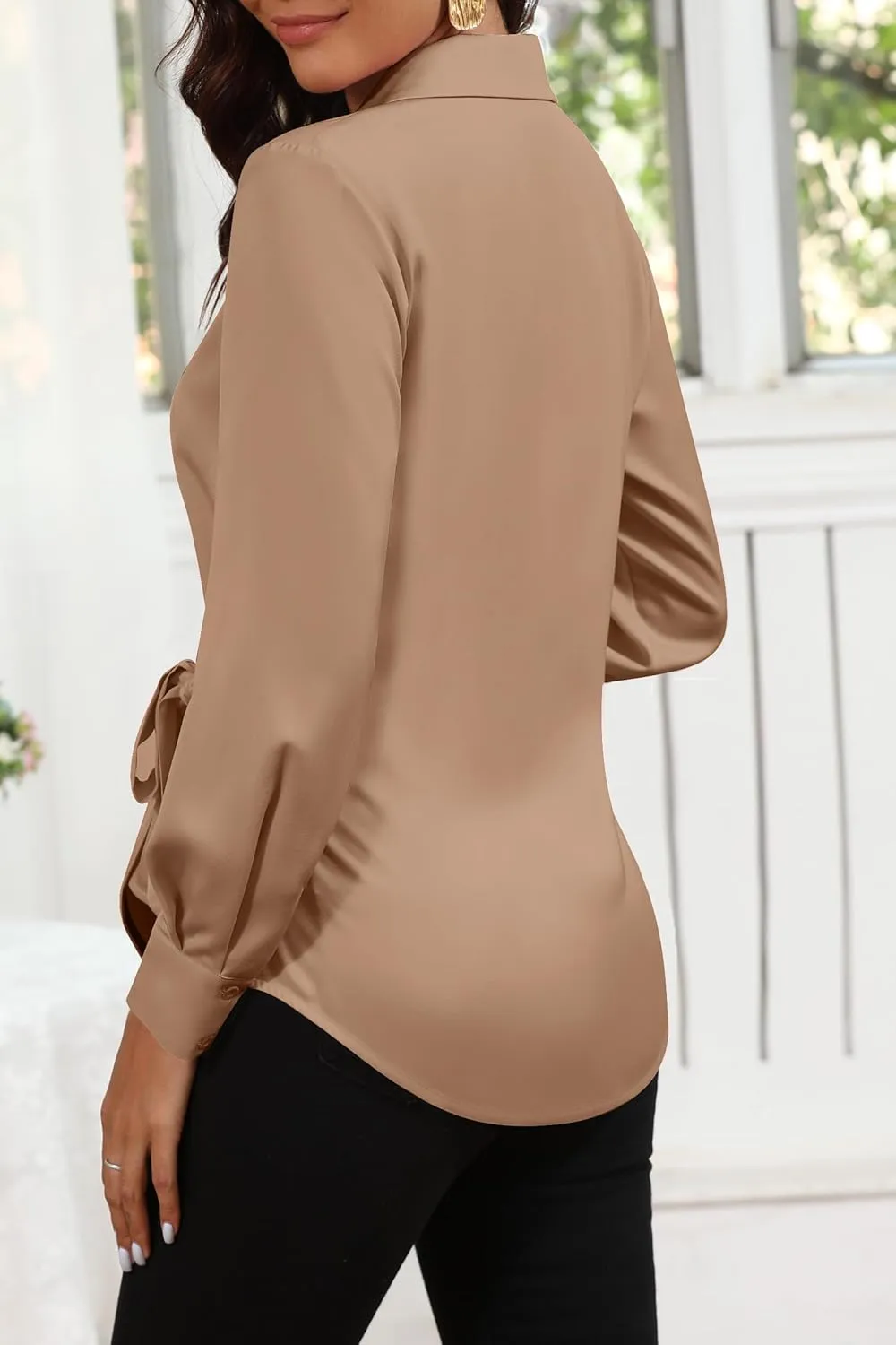 Women Satin Silk Blouse Wrap Tie Knot Front V Neck Long Sleeve Shirt Casual Office Work Tunic Pullover Top