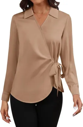 Women Satin Silk Blouse Wrap Tie Knot Front V Neck Long Sleeve Shirt Casual Office Work Tunic Pullover Top