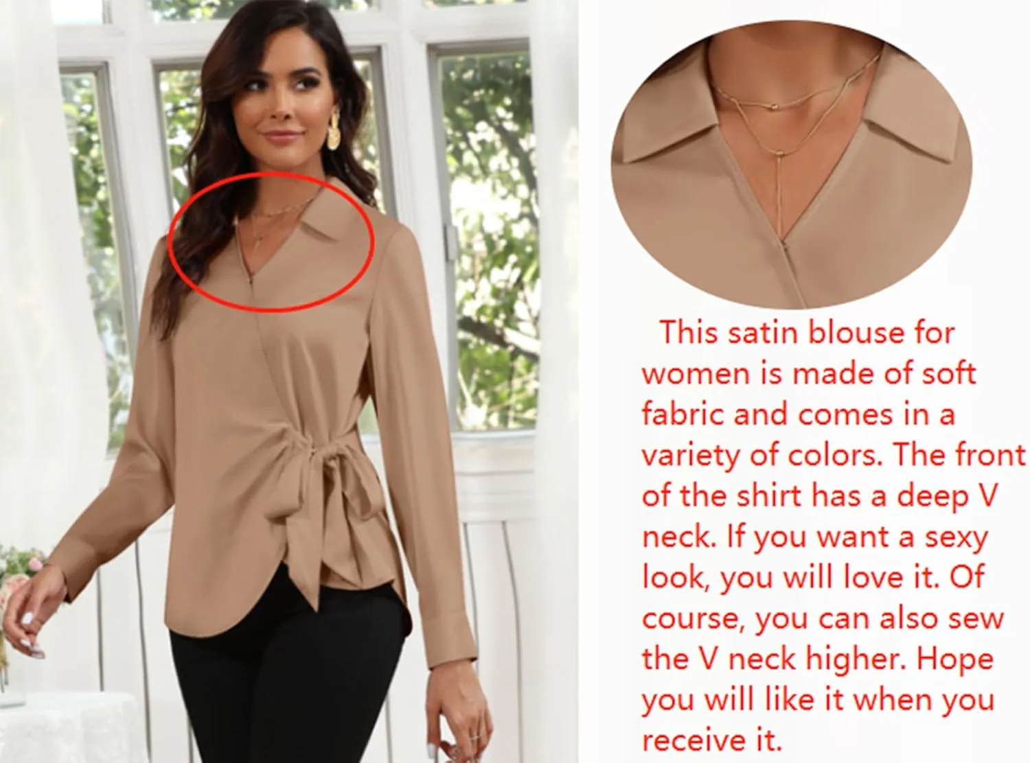 Women Satin Silk Blouse Wrap Tie Knot Front V Neck Long Sleeve Shirt Casual Office Work Tunic Pullover Top
