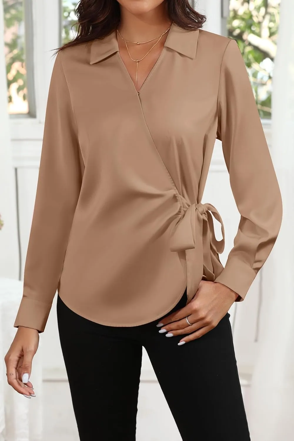 Women Satin Silk Blouse Wrap Tie Knot Front V Neck Long Sleeve Shirt Casual Office Work Tunic Pullover Top