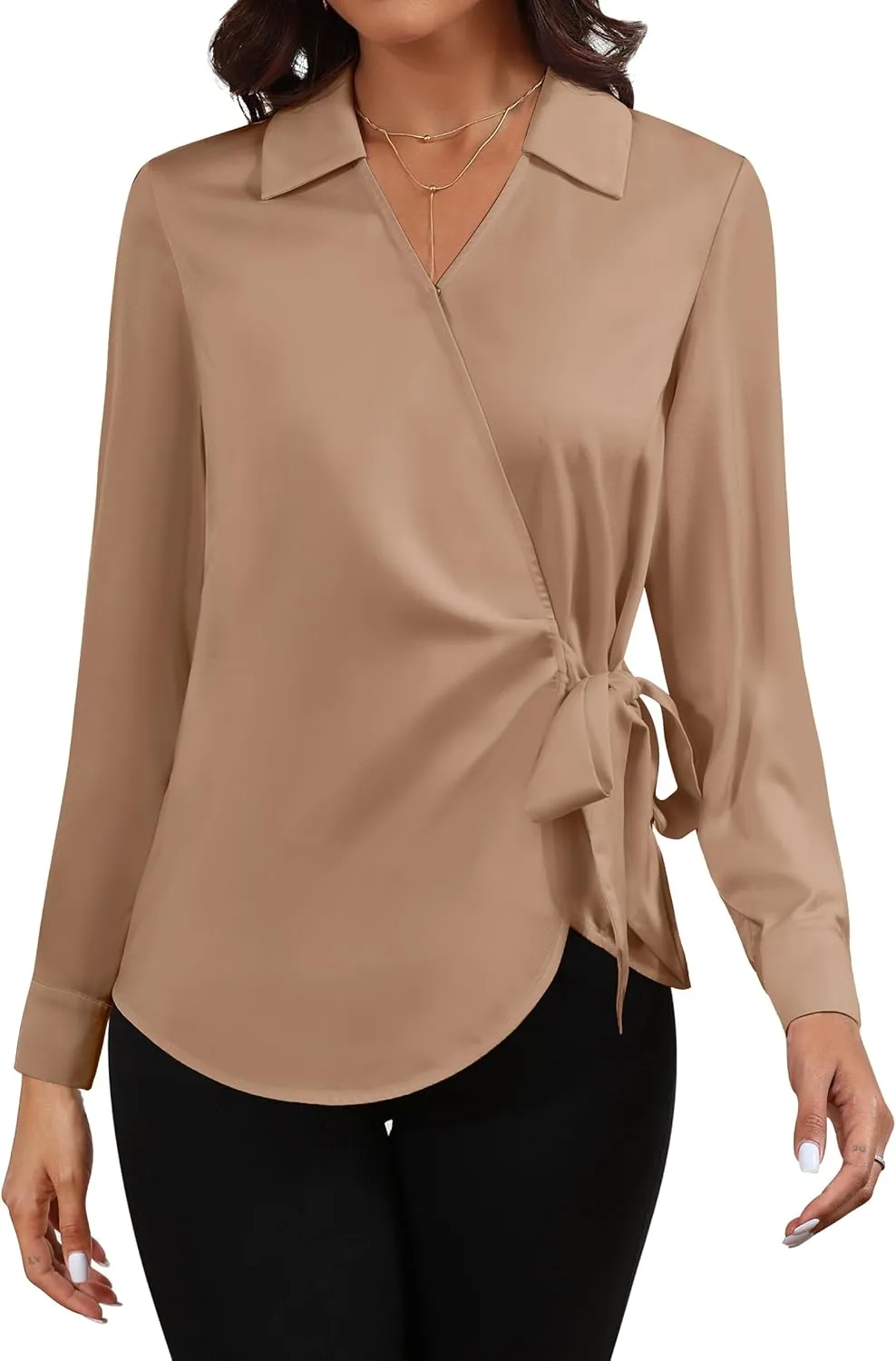 Women Satin Silk Blouse Wrap Tie Knot Front V Neck Long Sleeve Shirt Casual Office Work Tunic Pullover Top