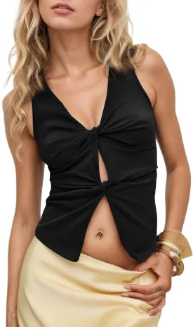 Women Sexy Twist Front Crop Tank Top Sleeveless Deep V Neck Summer Tops Solid Hollow Out Slim Fit Vest Top