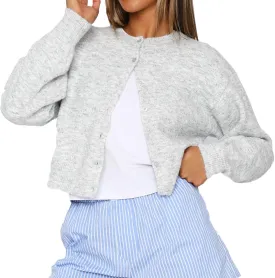 Women Y2K Button Front Crop Sweater Cardigan Solid Color Crew Neck Long Sleeve Knit Fall Tops Streetwear