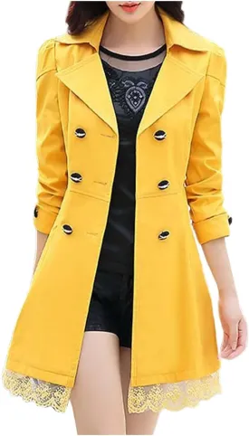 Womens 2024 Fashion Solid Lace Outwear Long Sleeve Double Breasted Overcoat Comfy Slim Trench Coat with Bowknot Belt