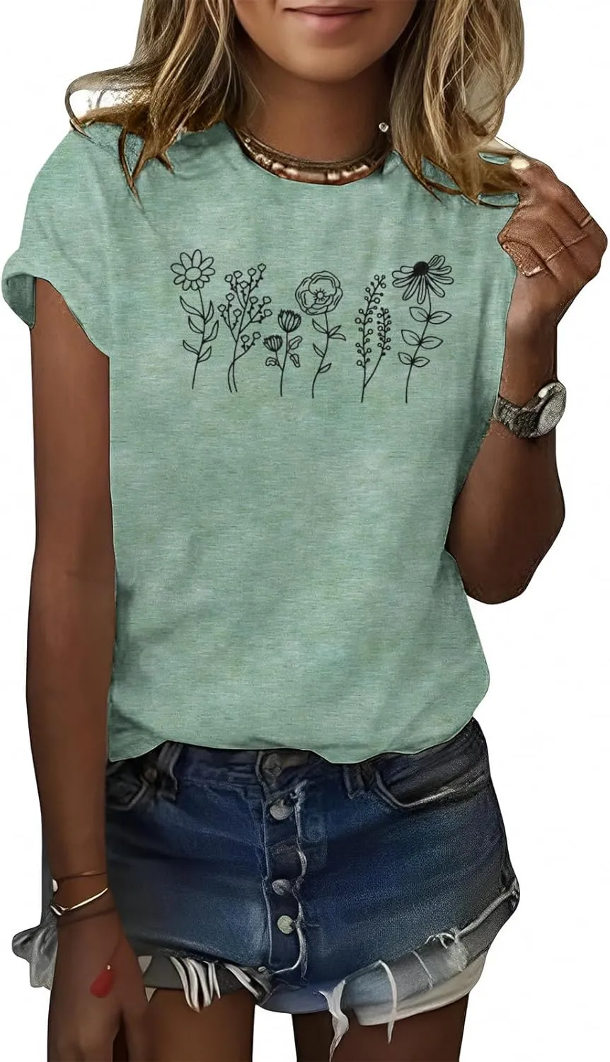 Women's Floral Tee Wildflower Graphic T Shirt Summer Flower Casual Loose Top Crew Neck Short Sleeve Shirts Tees