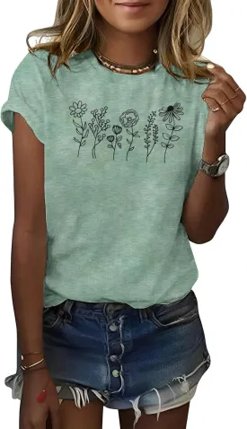 Women's Floral Tee Wildflower Graphic T Shirt Summer Flower Casual Loose Top Crew Neck Short Sleeve Shirts Tees