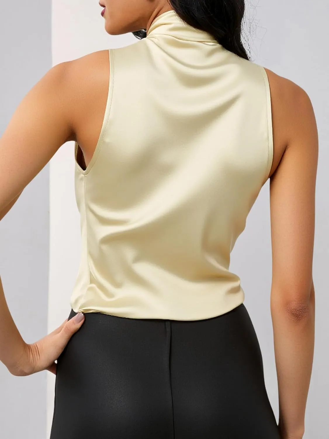 Women's Mock Neck Satin Blouse Sleeveless Pleated Asymmetrical Elegant Cocktail Tops