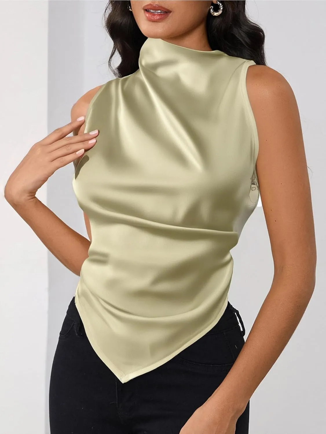 Women's Mock Neck Satin Blouse Sleeveless Pleated Asymmetrical Elegant Cocktail Tops
