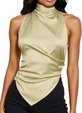 Women's Mock Neck Satin Blouse Sleeveless Pleated Asymmetrical Elegant Cocktail Tops