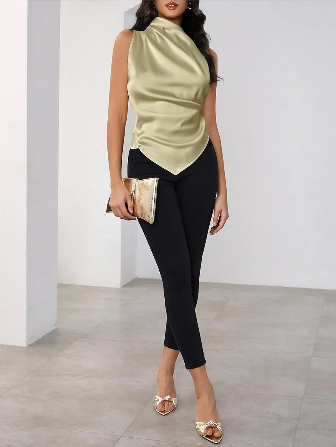 Women's Mock Neck Satin Blouse Sleeveless Pleated Asymmetrical Elegant Cocktail Tops