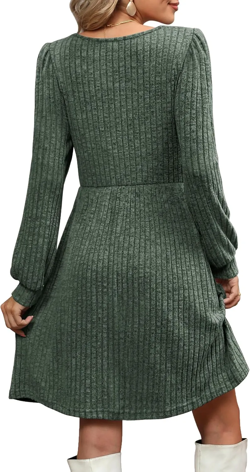 Womens Nursing Fall Dresses Square Neck Long Sleeve Winter Knit Sweater Dress 2024 with Pockets