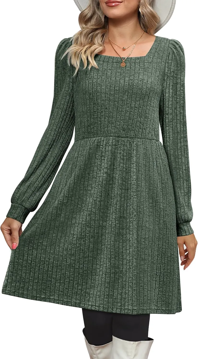 Womens Nursing Fall Dresses Square Neck Long Sleeve Winter Knit Sweater Dress 2024 with Pockets
