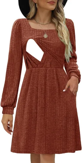 Womens Nursing Fall Dresses Square Neck Long Sleeve Winter Knit Sweater Dress 2024 with Pockets