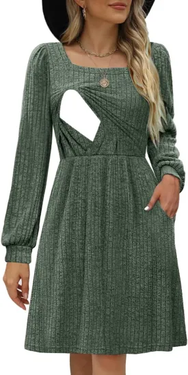 Womens Nursing Fall Dresses Square Neck Long Sleeve Winter Knit Sweater Dress 2024 with Pockets