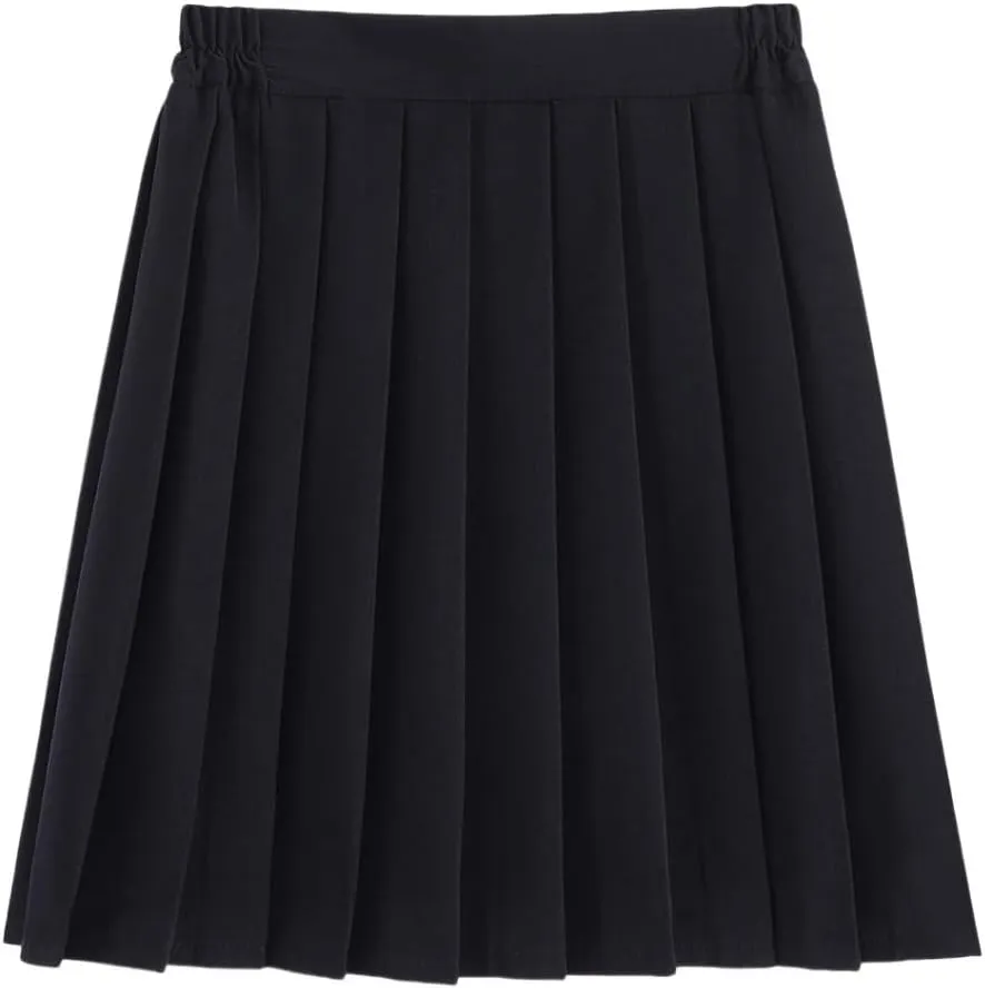 Women's Pleated Skirts Black Girls JK Uniform Skirt Elastic Waist Classic Pleated Skirt Work School Uniform Skirt