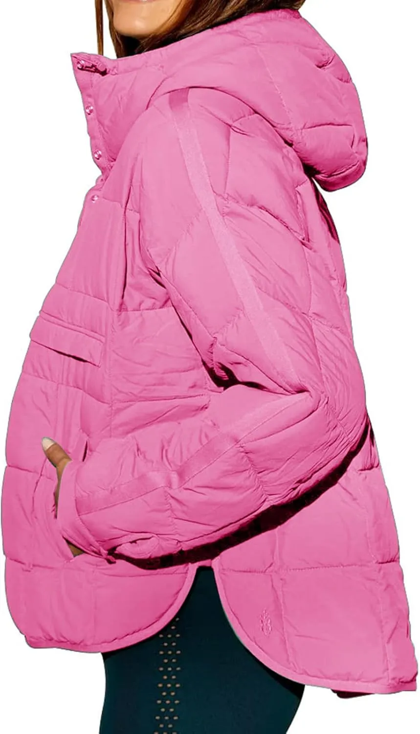 Women's Quilted Pullover Puffer Jacket Lightweight Button Long Sleeve Coat Oversized Packable Hooded Jacket Top