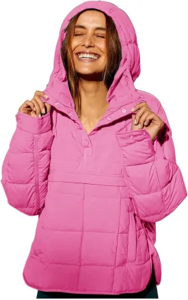 Women's Quilted Pullover Puffer Jacket Lightweight Button Long Sleeve Coat Oversized Packable Hooded Jacket Top