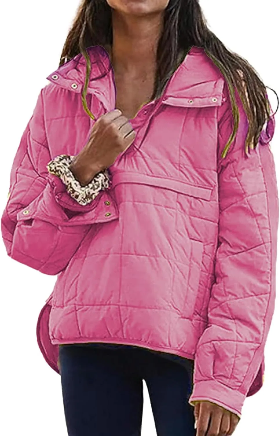 Women's Quilted Pullover Puffer Jacket Lightweight Button Long Sleeve Coat Oversized Packable Hooded Jacket Top
