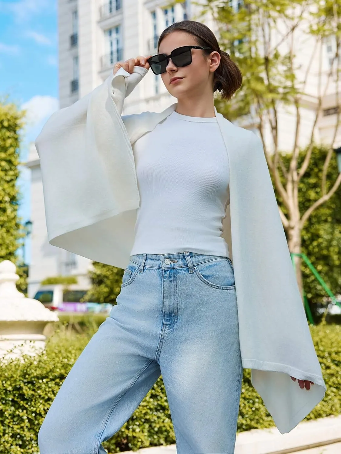 Women'S Shawl Wraps Poncho Sweater Lightweight Knit Scarf With Buttons Versatile Cape Cardigan Spring Summer Fall