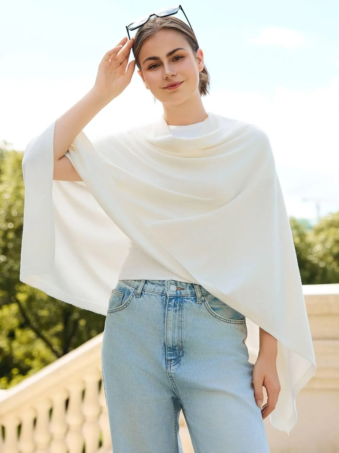 Women'S Shawl Wraps Poncho Sweater Lightweight Knit Scarf With Buttons Versatile Cape Cardigan Spring Summer Fall