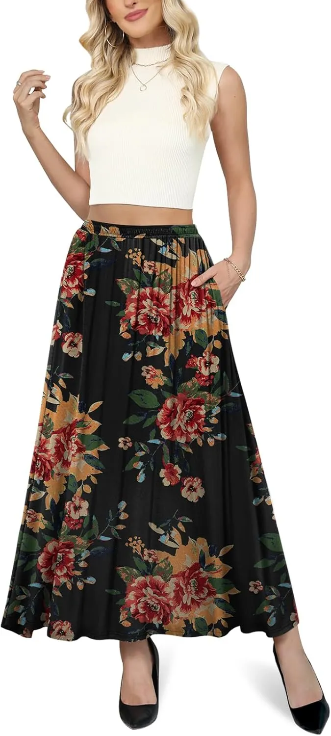 Yincro Womens Maxi Skirt Casual Flowy Elastic High Waist Long Skirts with Pockets