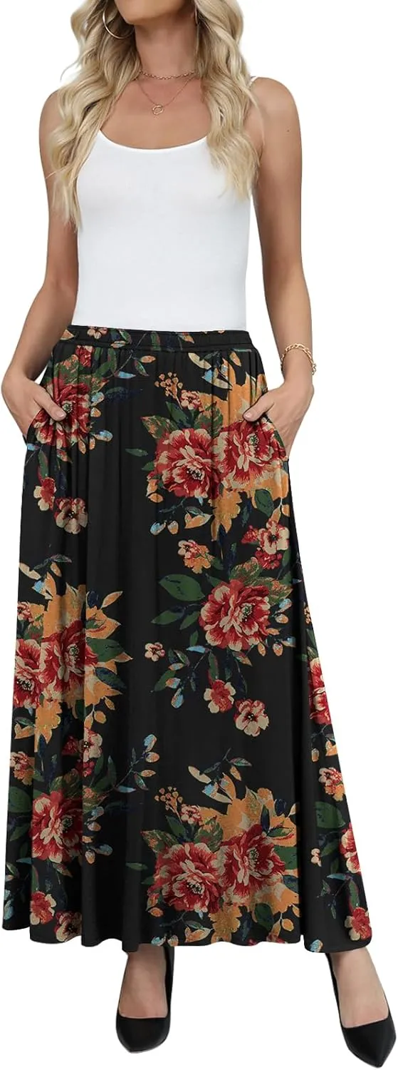 Yincro Womens Maxi Skirt Casual Flowy Elastic High Waist Long Skirts with Pockets