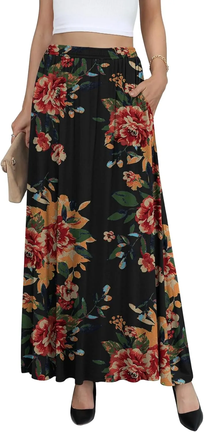 Yincro Womens Maxi Skirt Casual Flowy Elastic High Waist Long Skirts with Pockets