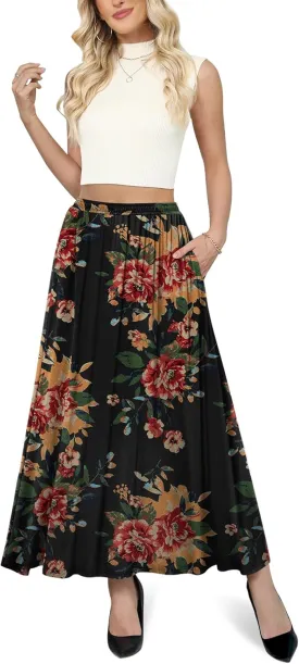 Yincro Womens Maxi Skirt Casual Flowy Elastic High Waist Long Skirts with Pockets