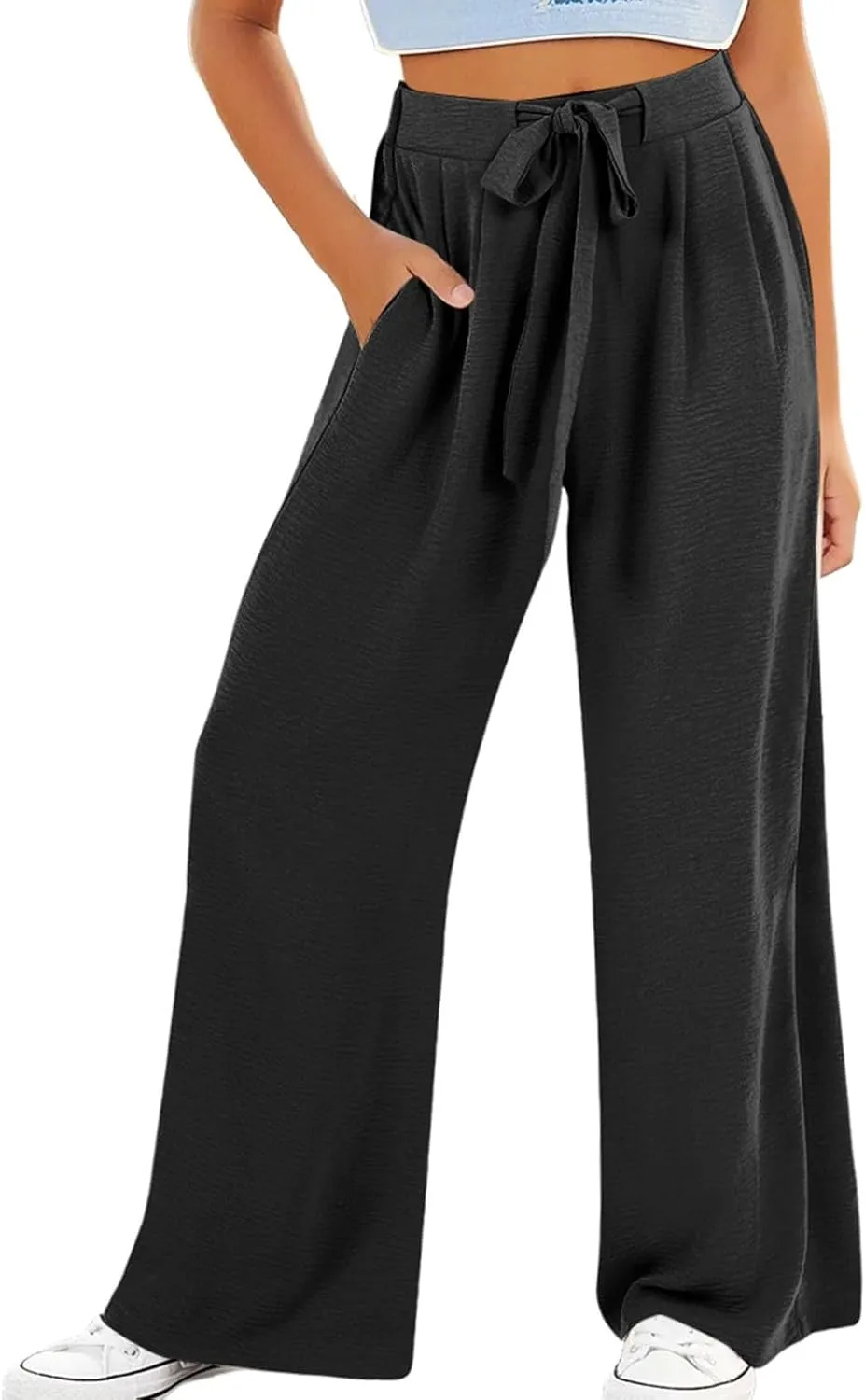 Youth Girls Palazzo Cotton Linen Long Pants Baggy Wide Leg High Waist Drawstring Long Trousers 2025 Summer Bottoms
