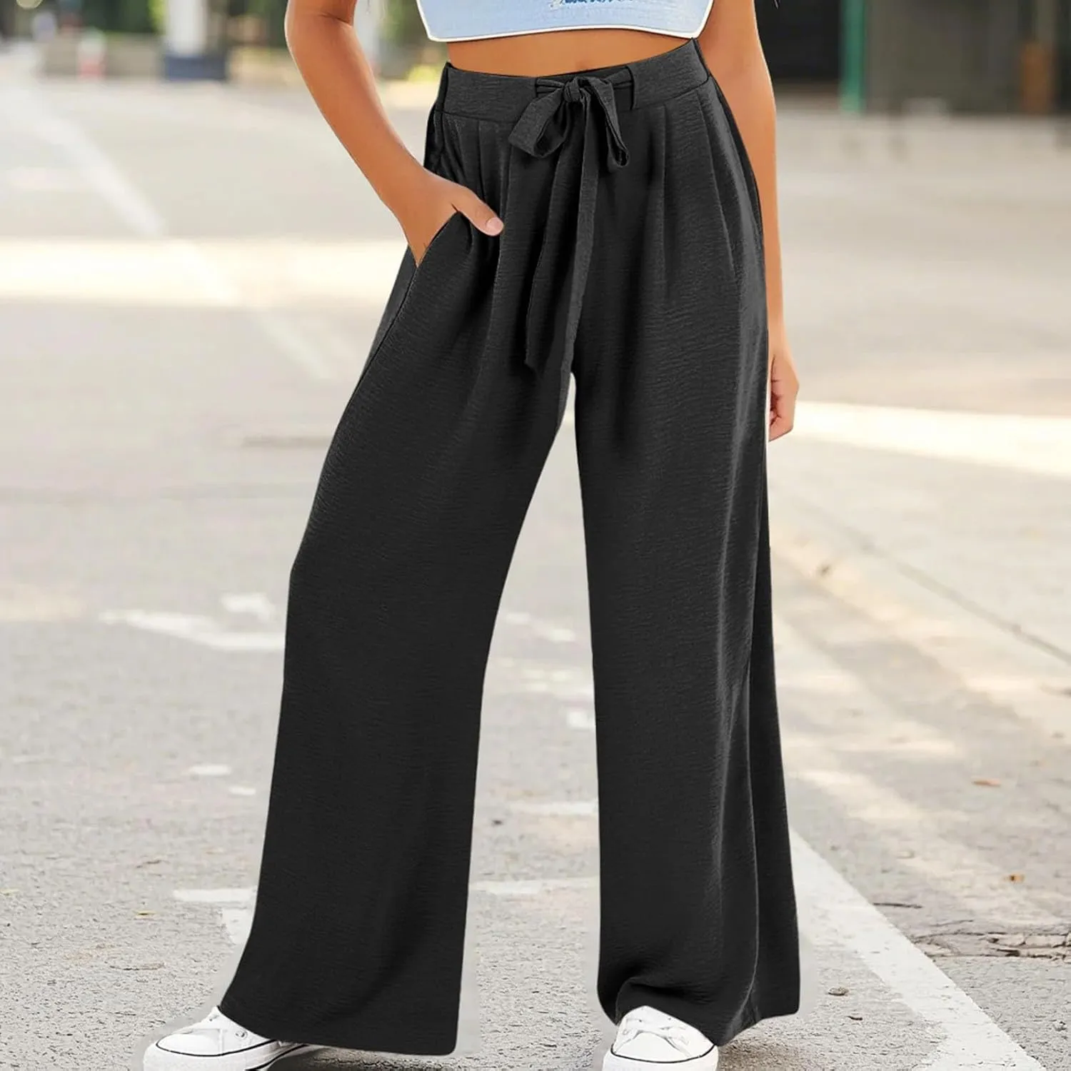 Youth Girls Palazzo Cotton Linen Long Pants Baggy Wide Leg High Waist Drawstring Long Trousers 2025 Summer Bottoms