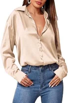 Zeagoo Women Satin Button Down Shirt Long Sleeve Tops Silk Blouse V Neck Dressy Casual Loose Work Office Blouse Tunic Fall