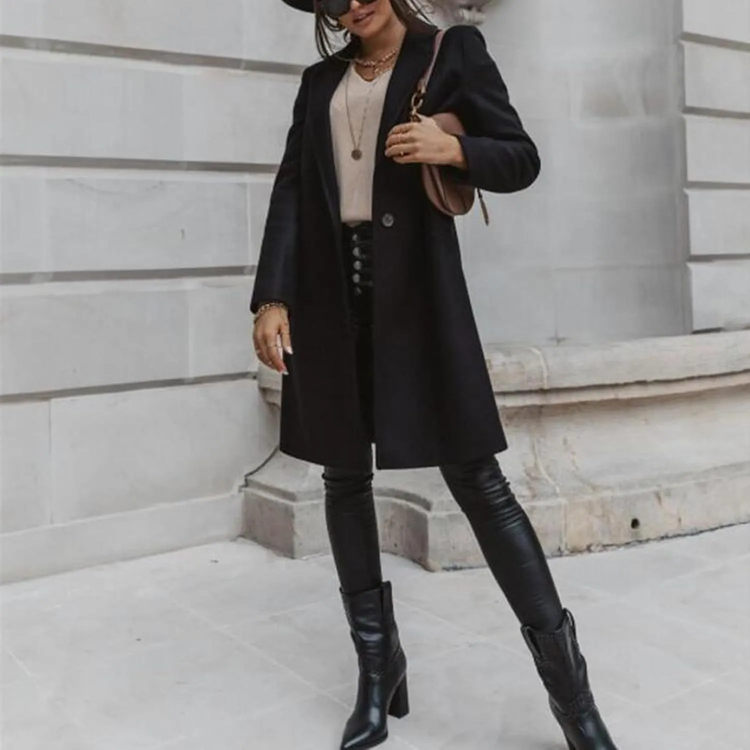 ZWRXW Women Winter Wool Blend Coat Single Breasted Casual Notched Lapel Collar Mid Long Peacoat Trench Jackets with Pocket