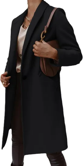 ZWRXW Women Winter Wool Blend Coat Single Breasted Casual Notched Lapel Collar Mid Long Peacoat Trench Jackets with Pocket