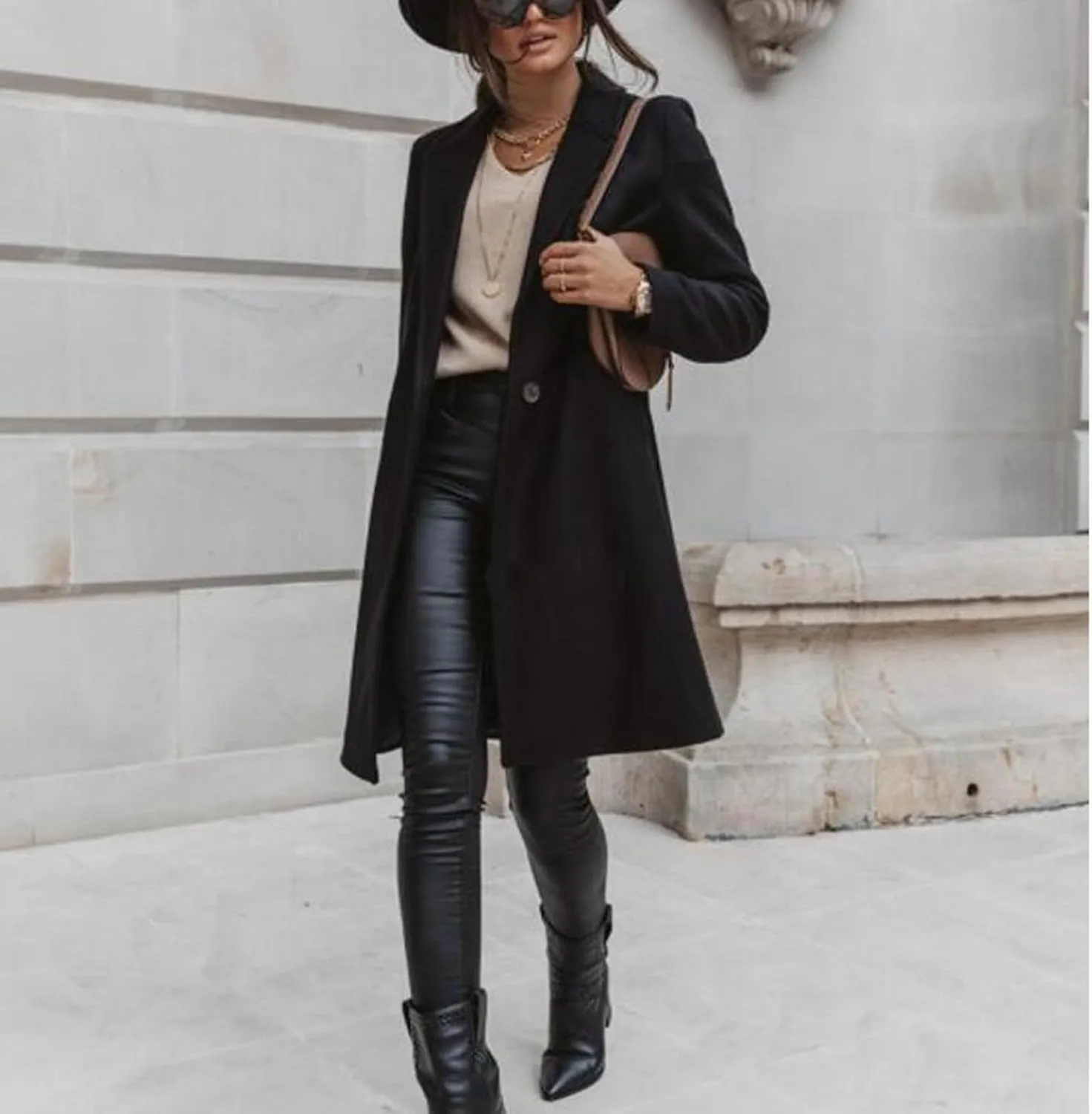 ZWRXW Women Winter Wool Blend Coat Single Breasted Casual Notched Lapel Collar Mid Long Peacoat Trench Jackets with Pocket
